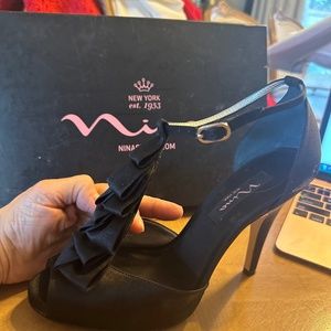 Black satin ruffle heels by nina shoes